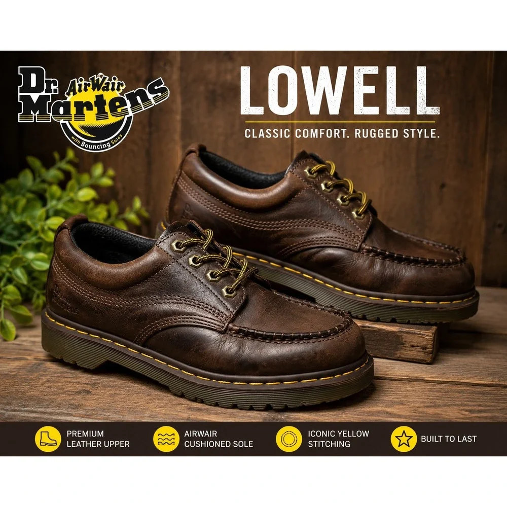 Dr Martens Lowell Mens 9 Brown Leather Moc Toe Oxford Shoes AirWair Lug Sole Y2K